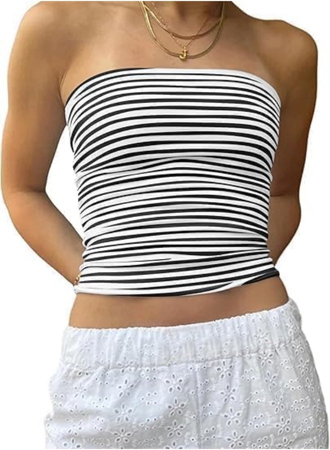 CLENEA Women Strapless Striped Bandeau Tube Tops Aesthetic Sleeveless Backless Crop Tank Going Out Summer Girls - Image 1
